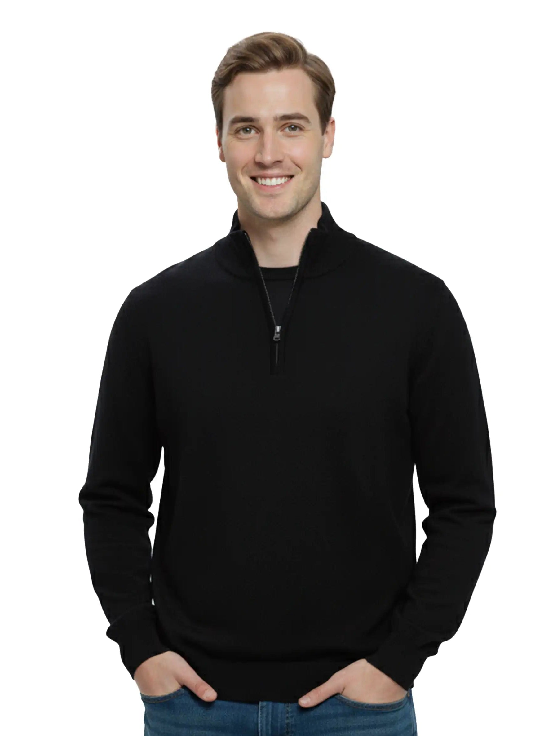 Stand Up Collar Black Pullover With Half Zipper To Close