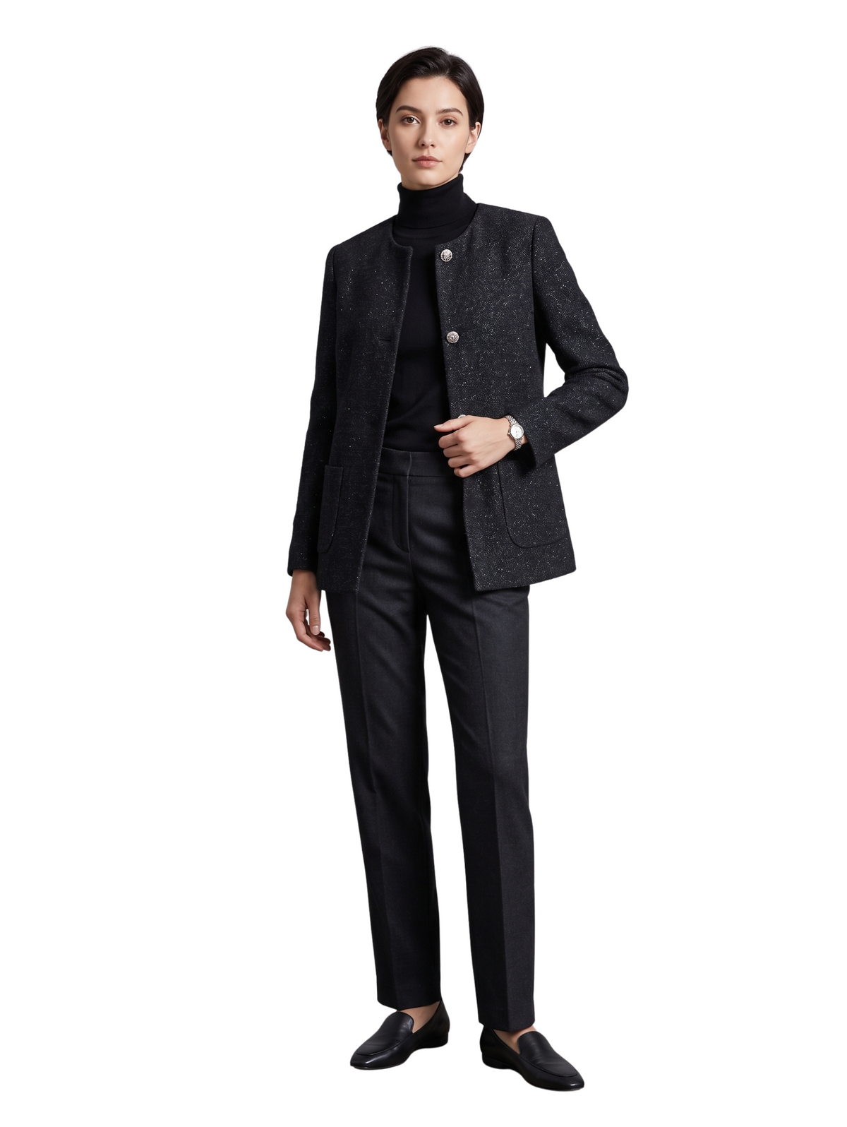 Black Elegant Long-Sleeved Blazer with Mandarin Collar