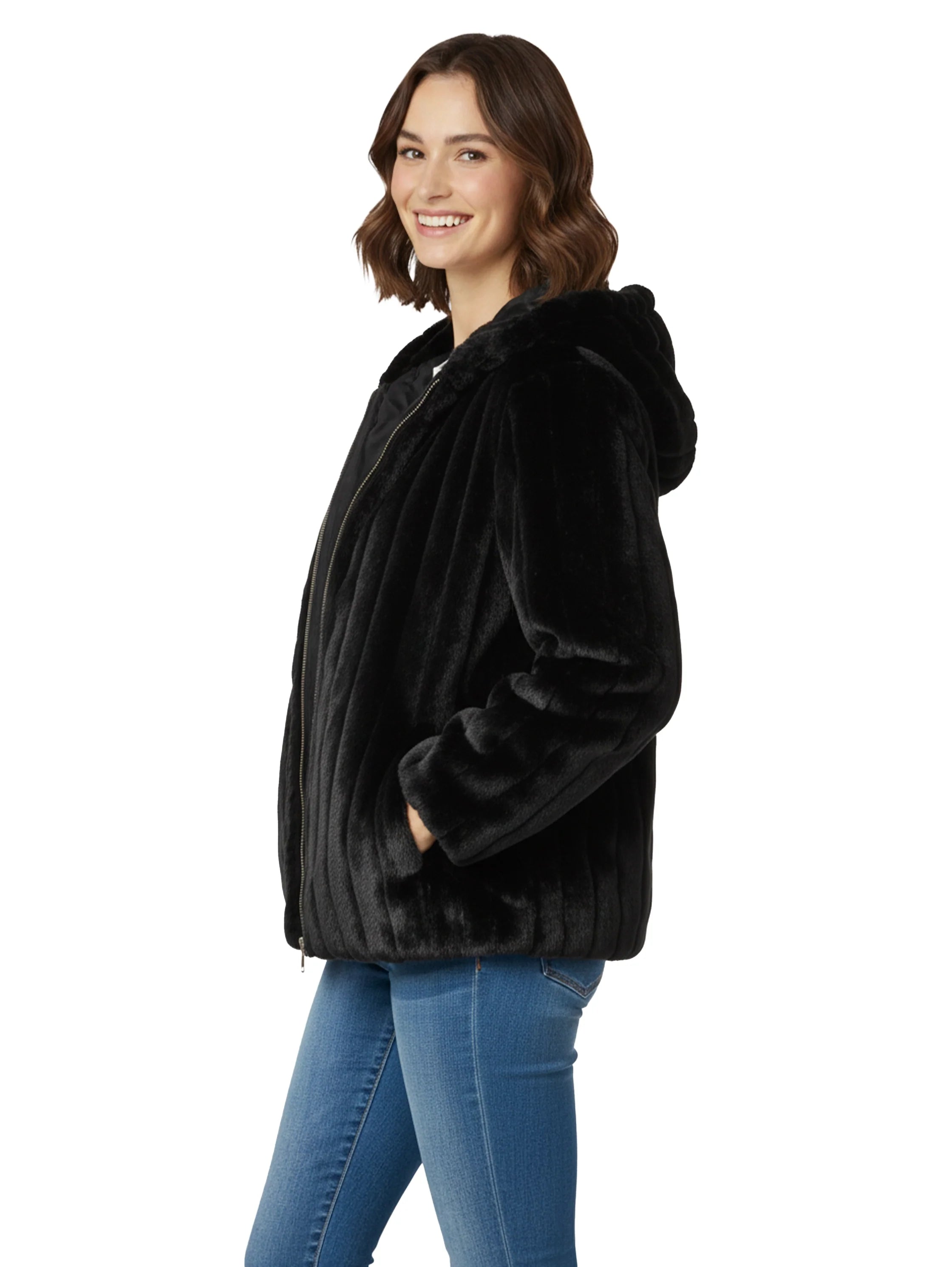 Short Black Hooded Ribbed Fure Jacket