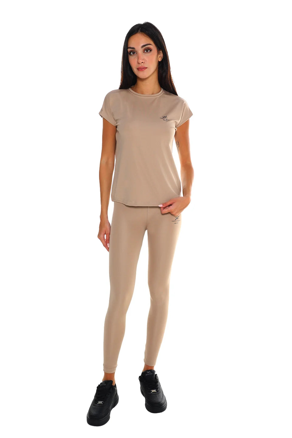 Short Sleeved Beige Active Top With Simple Logo