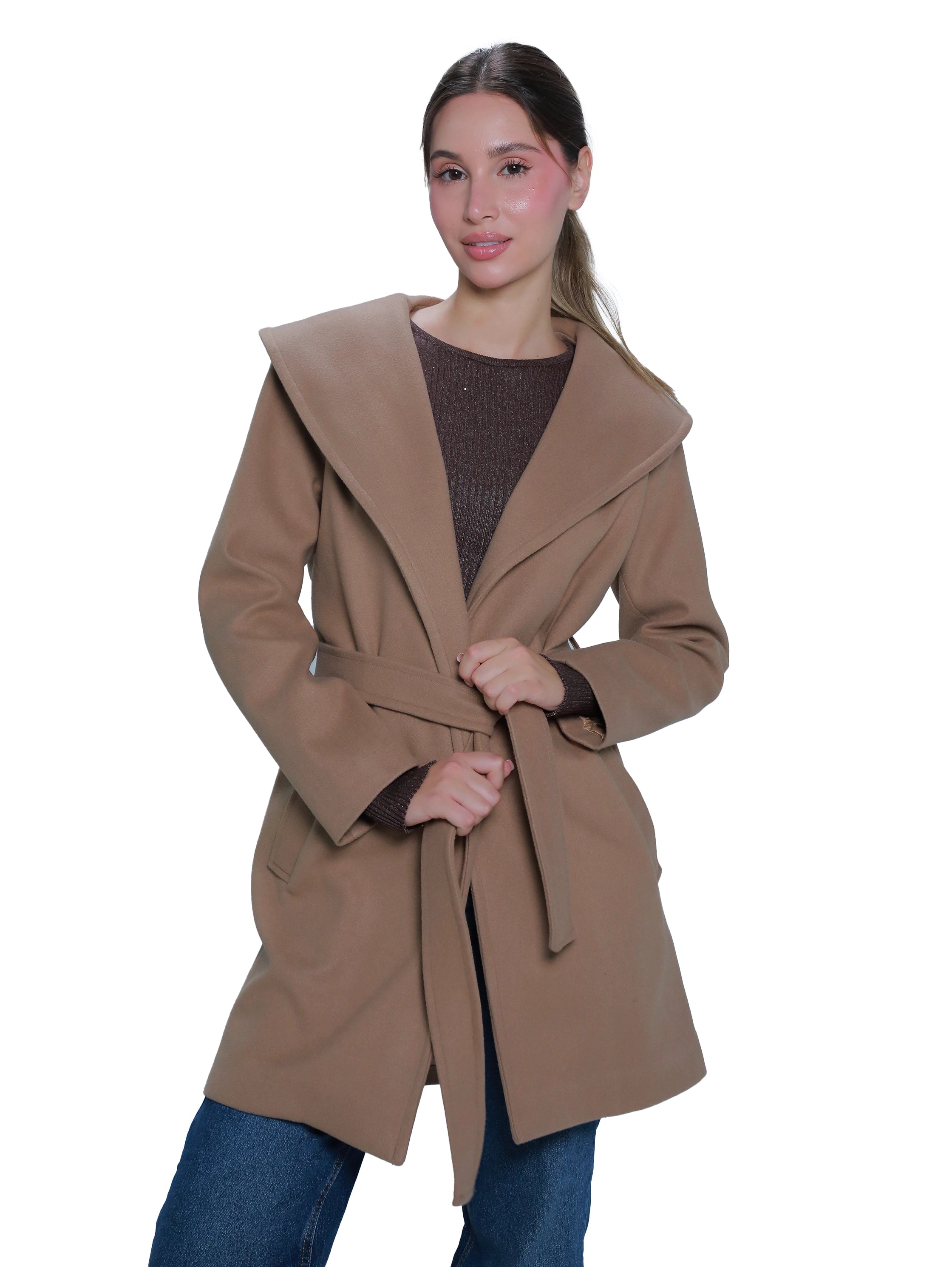 Camel Warm Belted Coat With Open Collar