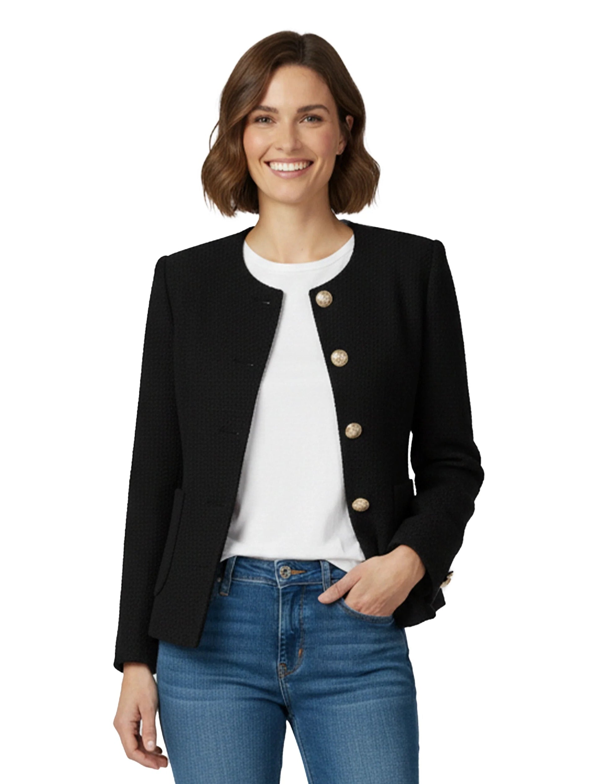 Round Neck Gold Buttoned Black Blazer