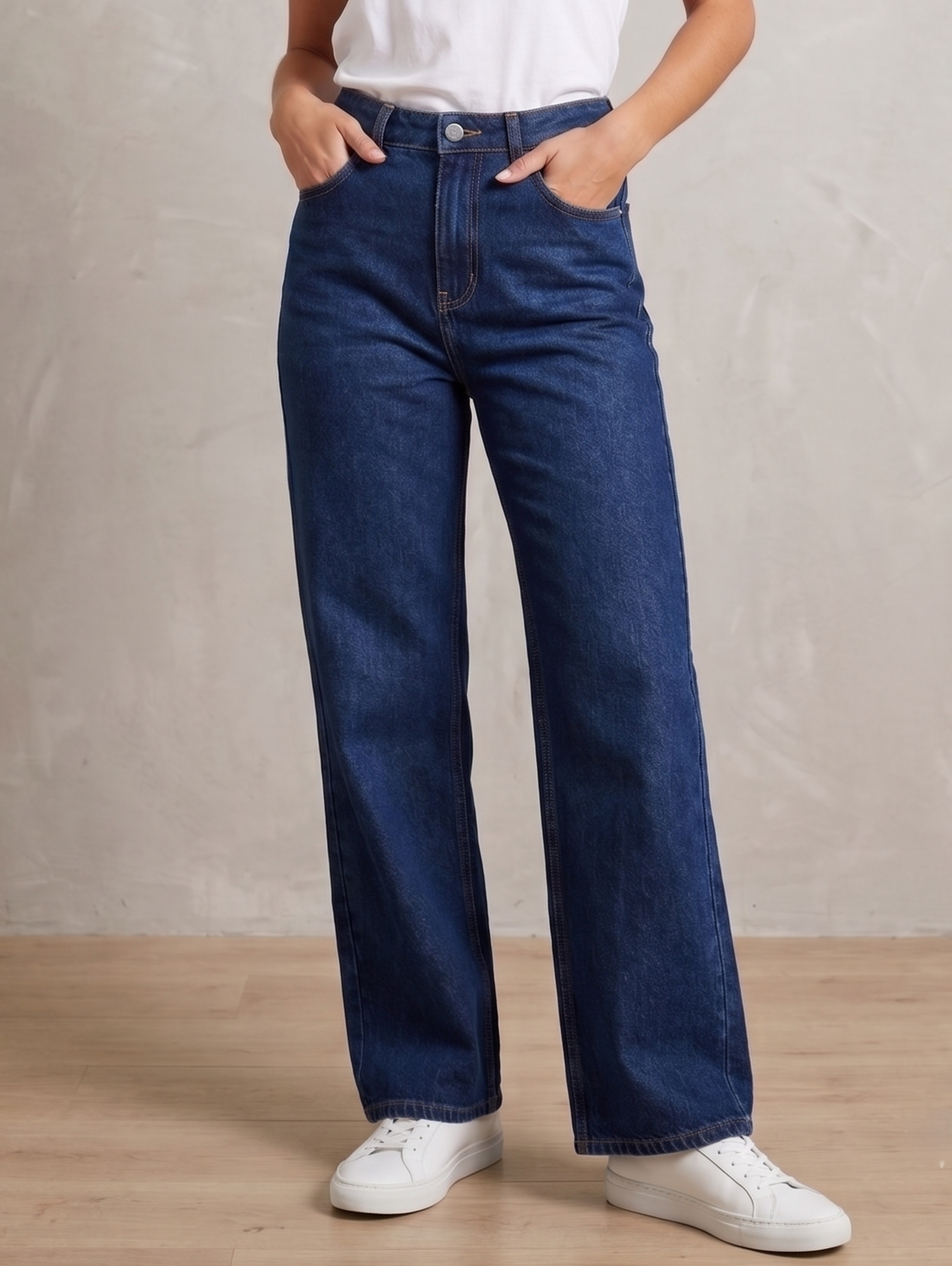 Mid Blue High Waist Straight Leg Denim Jeans