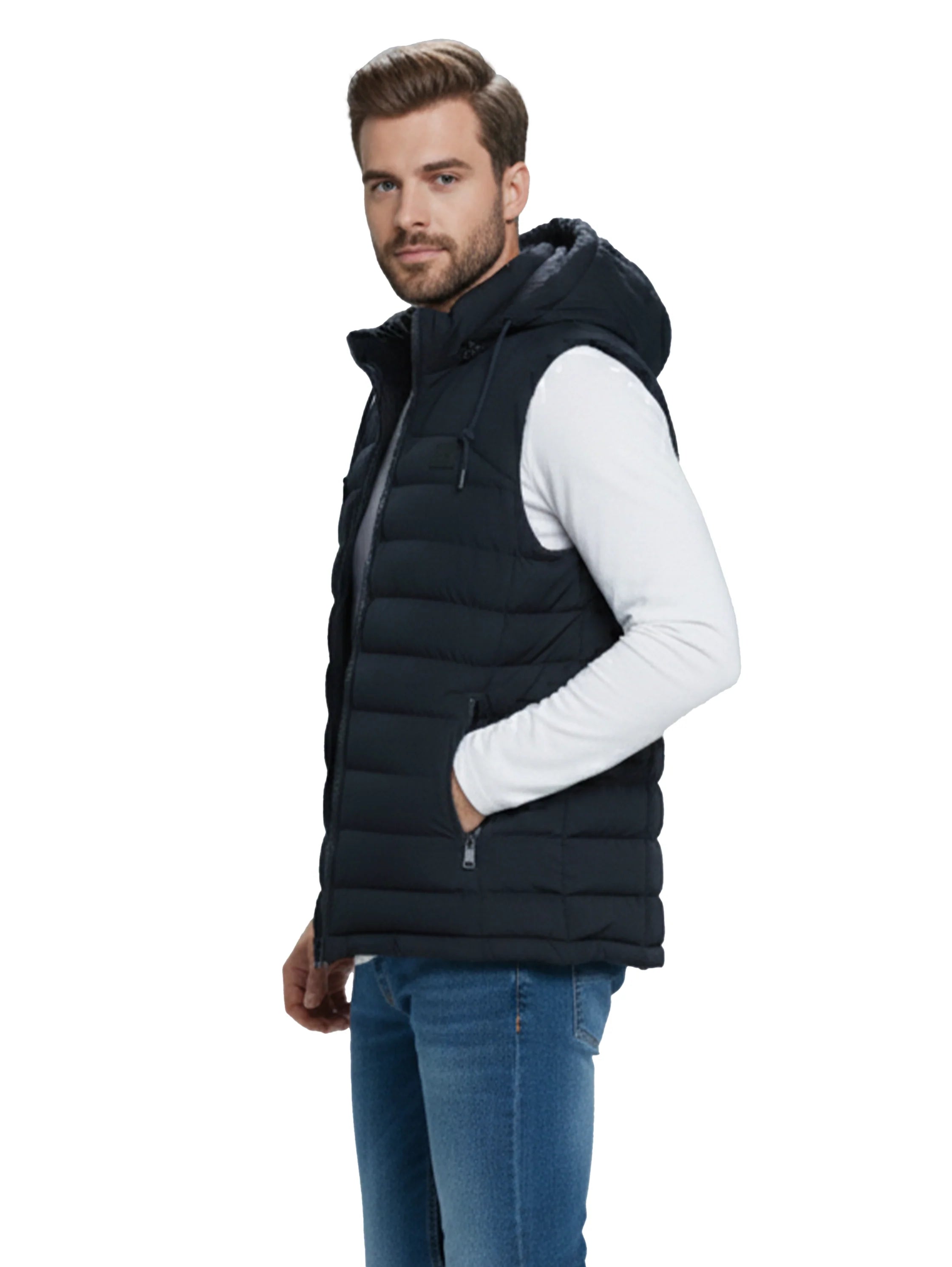 Navy Zippered Padded Vest With Hoodie