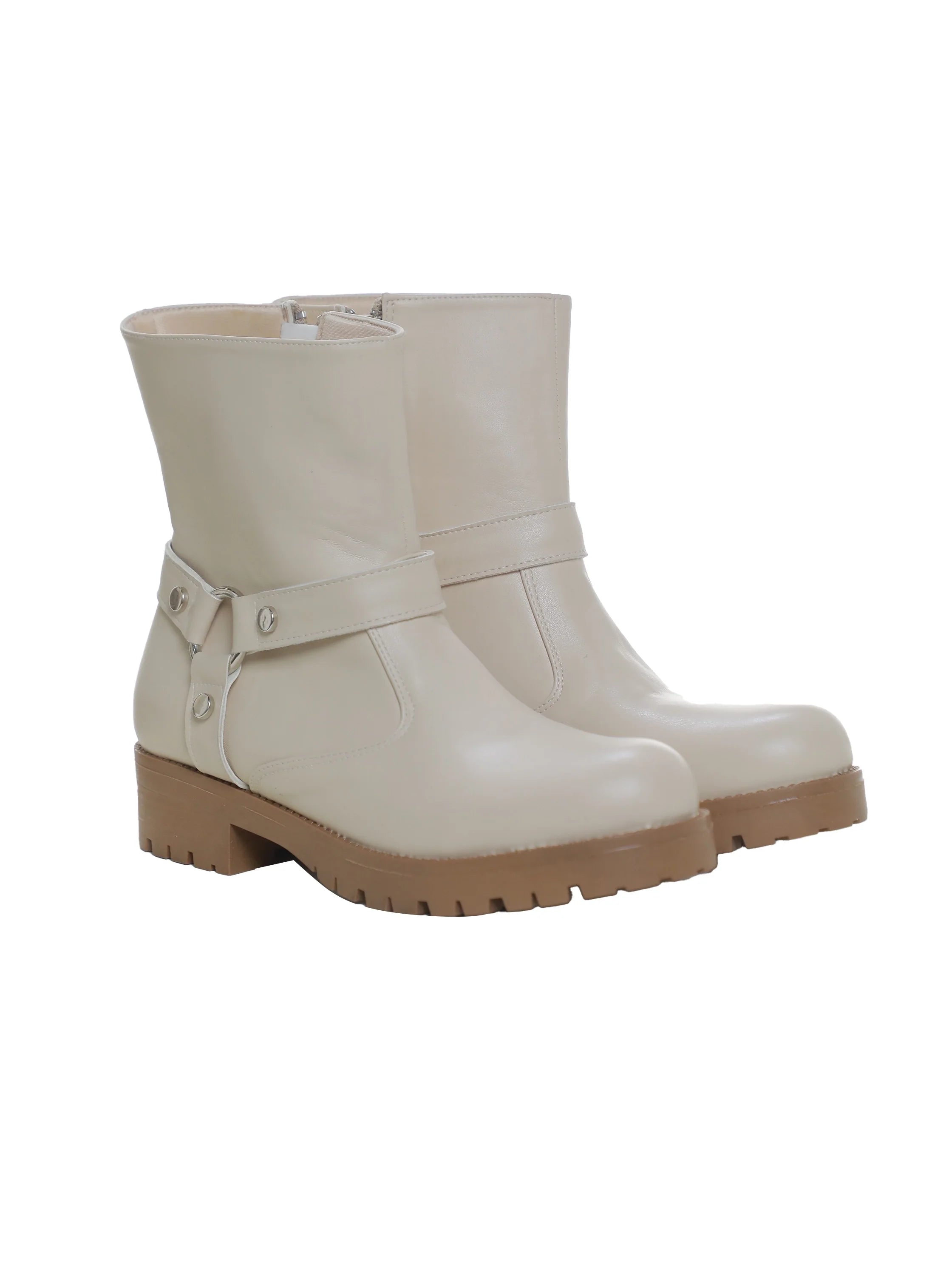 Beige Lace-Up Ankle Boot With Side Zipper