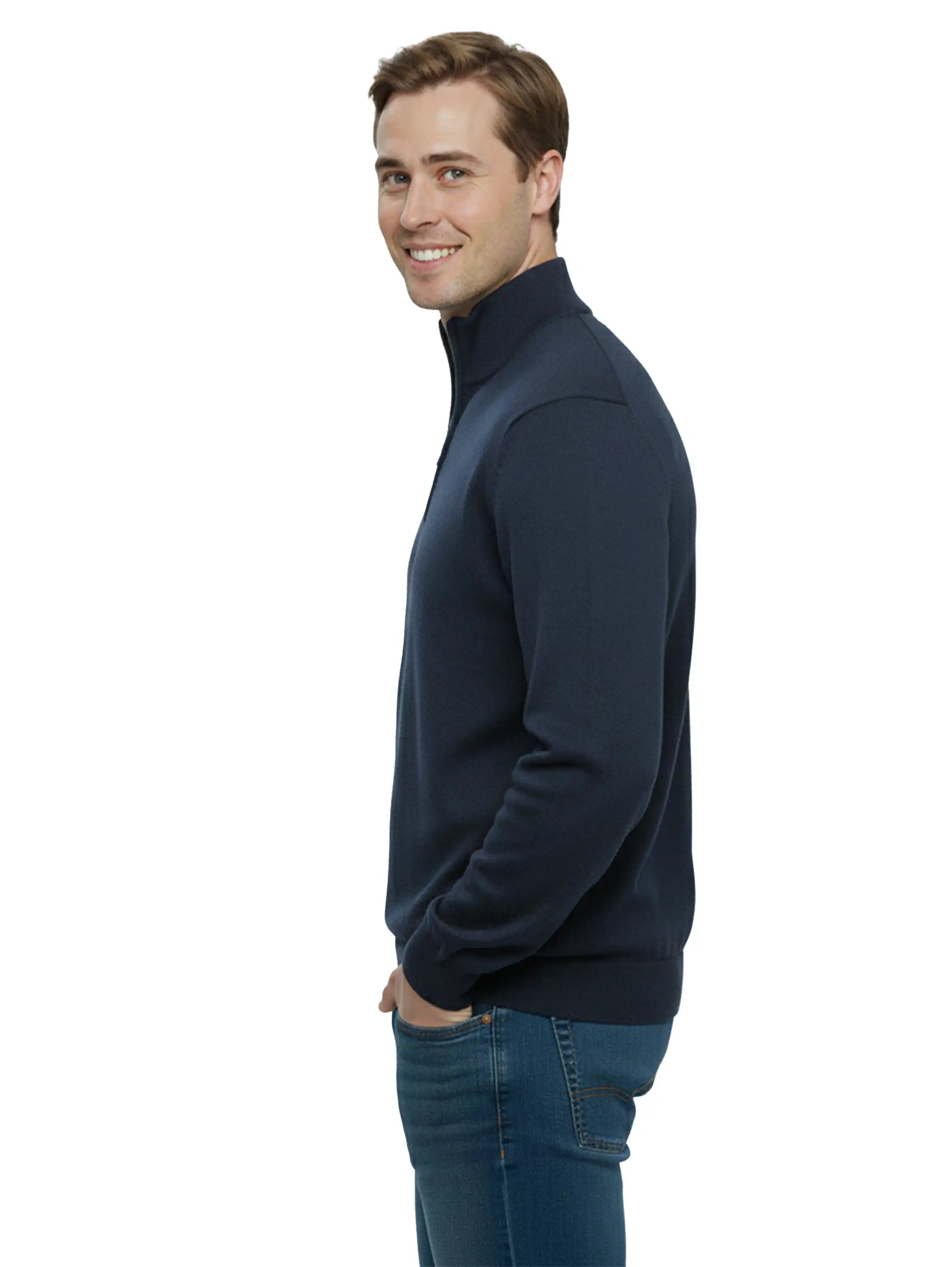 Stand Up Collar Navy Pullover With Half Zipper To Close