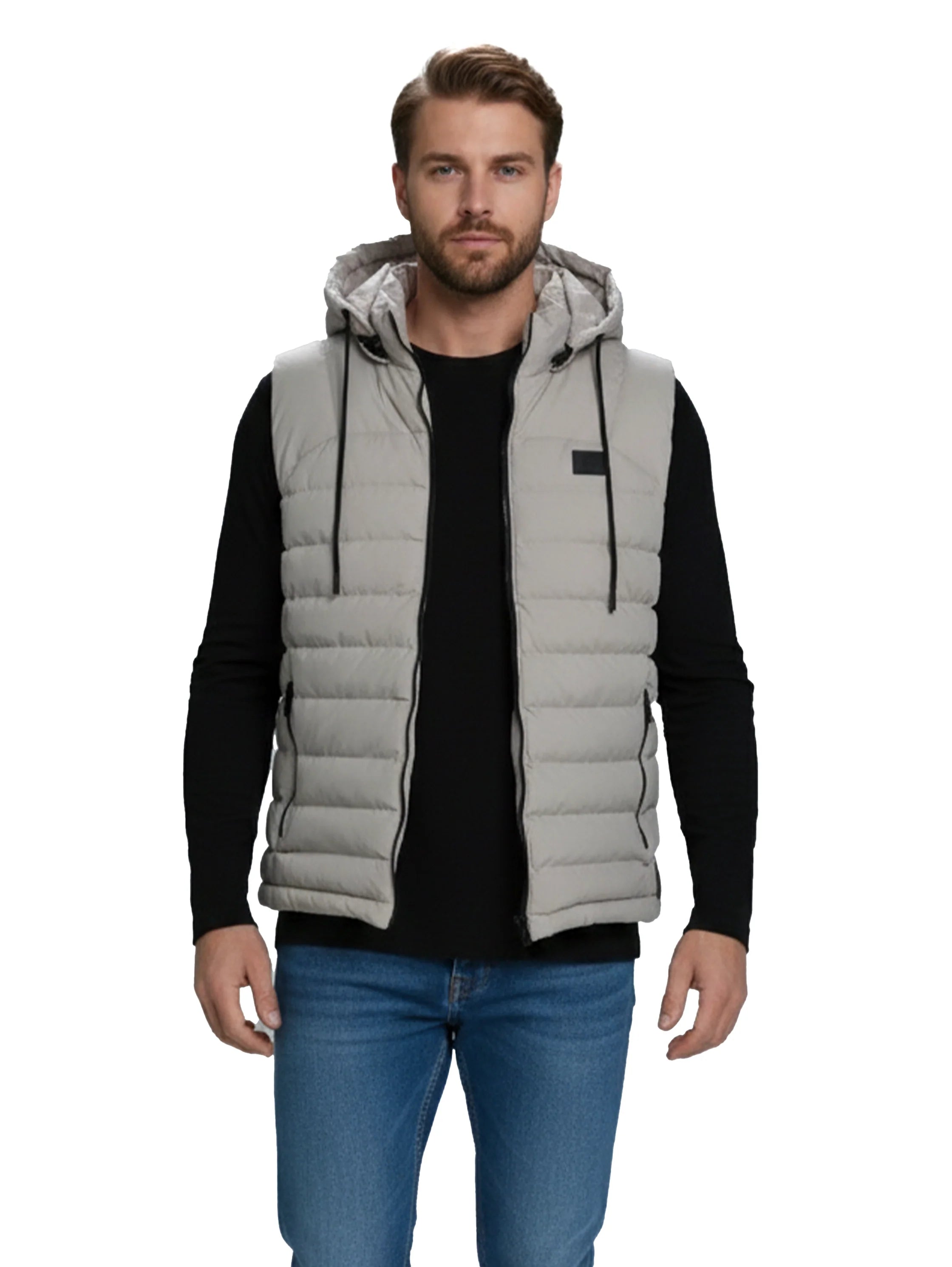 Beige Zippered Padded Vest With Hoodie