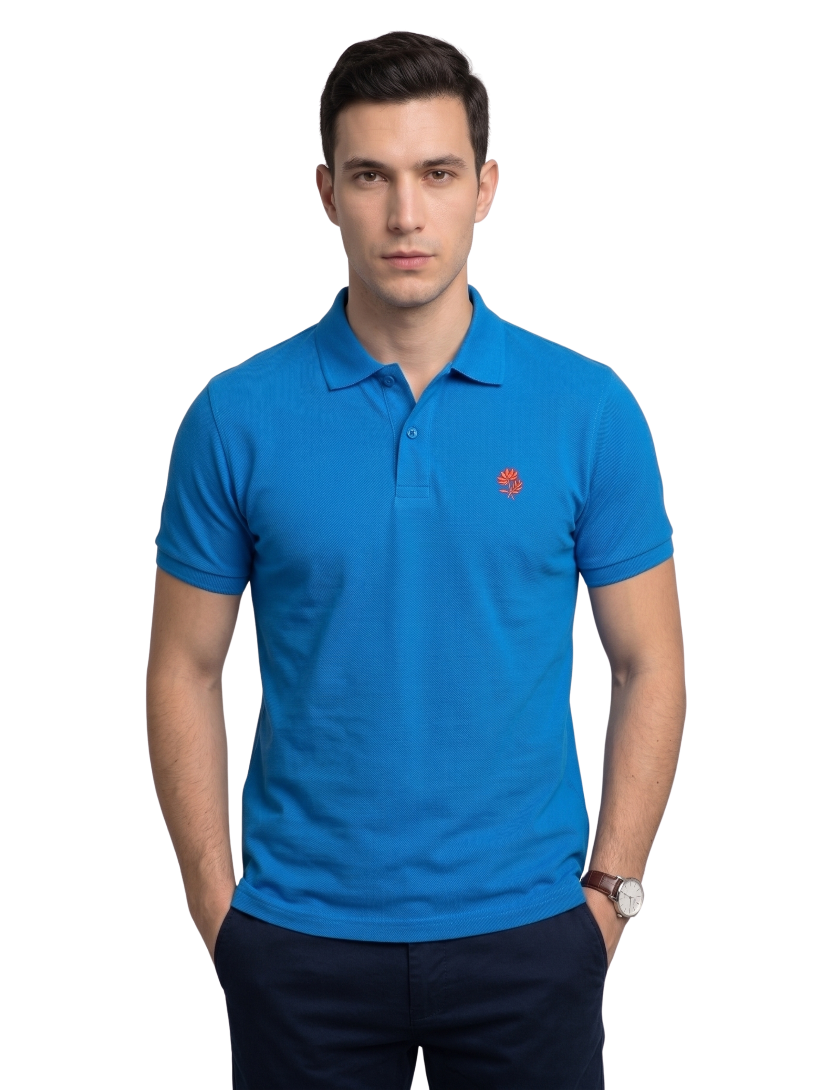 Blue Short Sleeved Polo With Two Button To Close