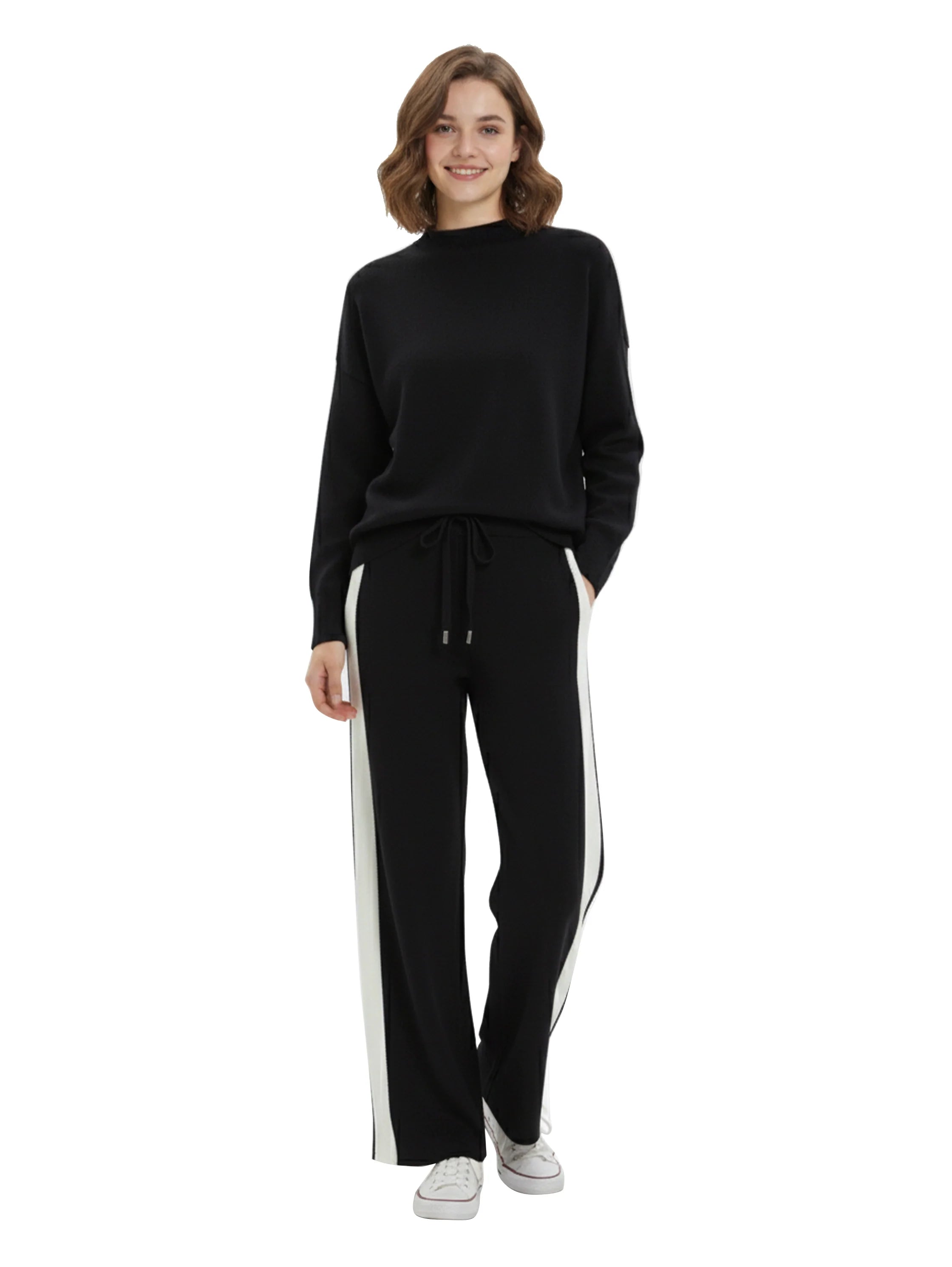 Black Sweater & Striped Pant Set