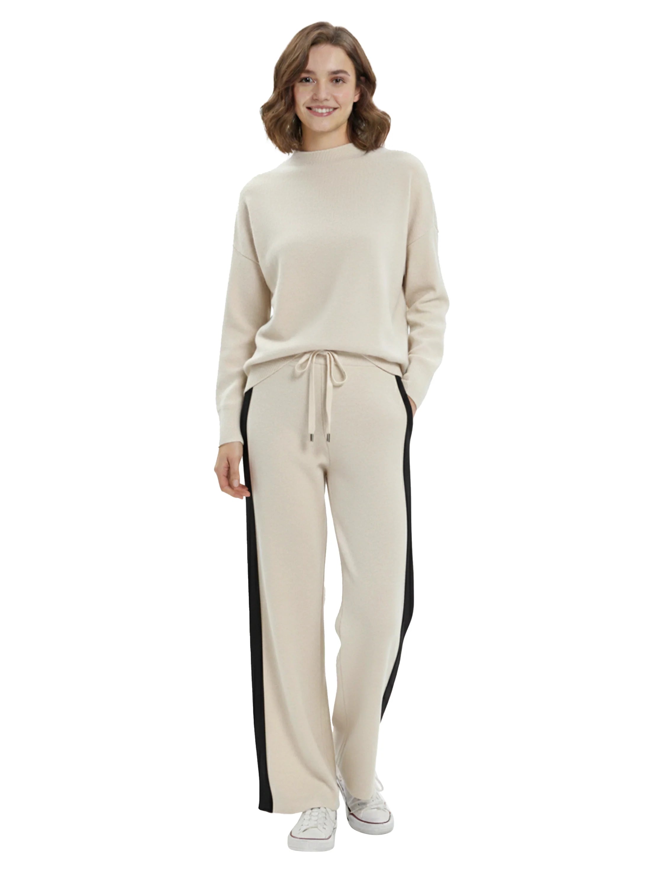 Beige Sweater & Striped Pant Set