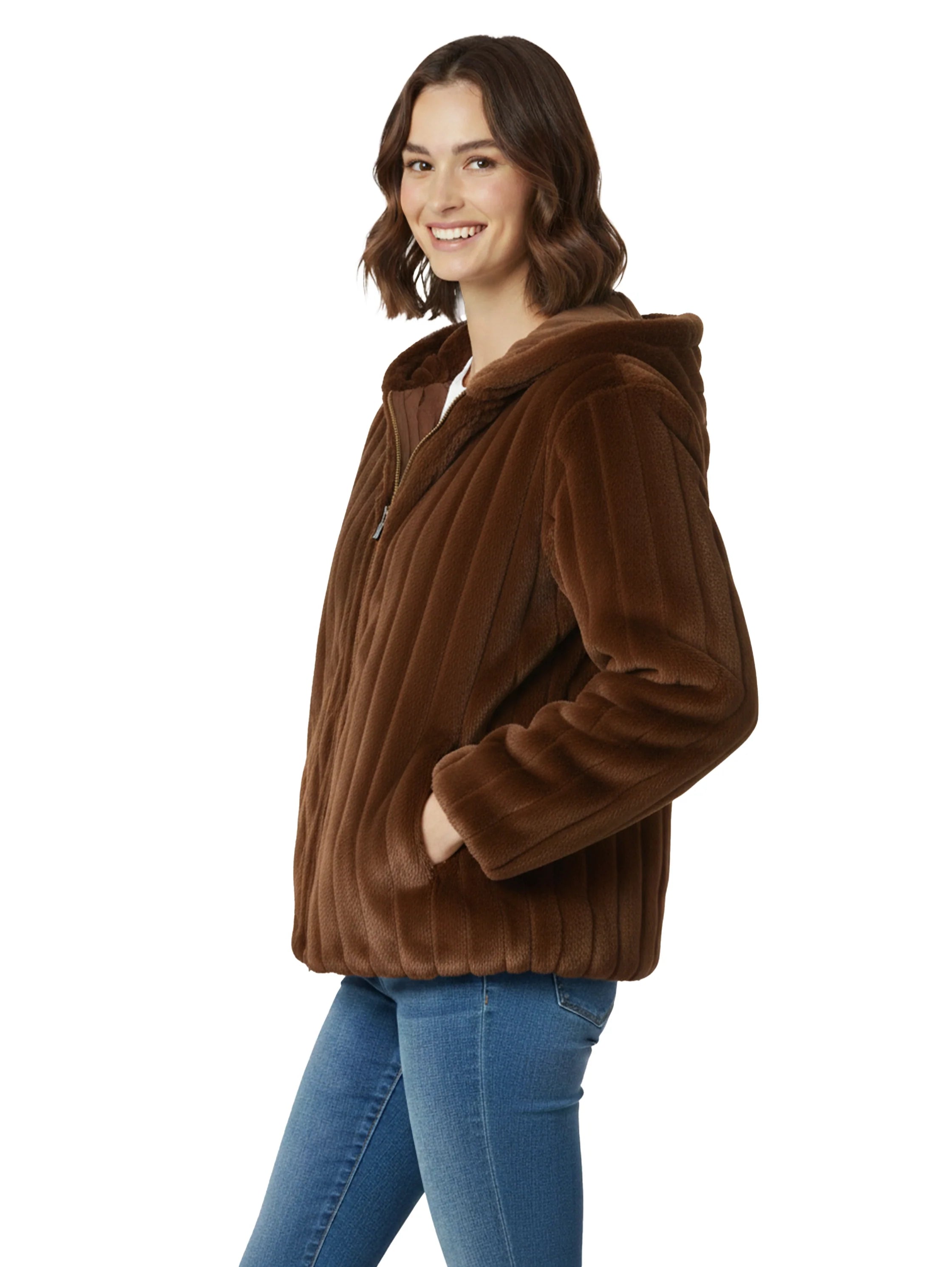 Short Brown Hooded Ribbed Fure Jacket