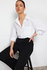 Trendyol White Single Pocket Boyfriend Cotton Shirt