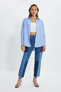Trendyol Blue Single Pocket Boyfriend Cotton Shirt