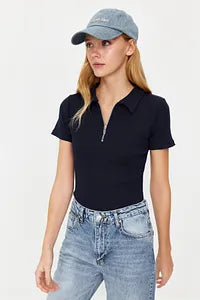 Trendyol Navy Zippered Stretchy Blouse