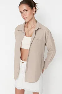 Trendyol Beige Single Pocket Boyfriend Cotton Shirt