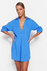 Trendyol Blue Flared Cotton Mini Beach Dress