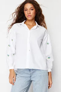Trendyol Off white Cotton Shirt With Embroidery Shoulder Detail