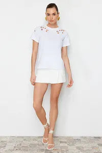 Trendyol Embroidery Pattern White T-shirt