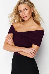 Trendyol Plum Crop Blouse With Flexible Open Collar