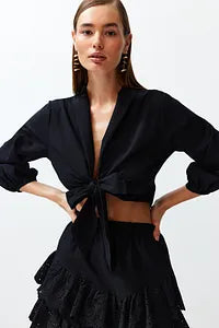 Trendyol Black Crop Tie Flared Cotton Beach Blouse