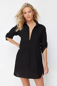 Trendyol Black Flared Cotton Mini Beach Dress