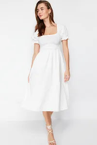 Trendyol Open Ballon Sleeve Off White Dress
