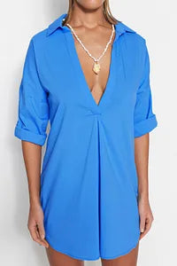 Trendyol Blue Flared Cotton Mini Beach Dress