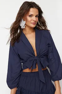 Trendyol Navy Blue Crop Tie Flared Cotton Beach Blouse