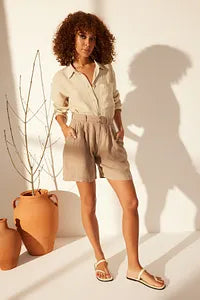 Trendyol Pleated High Waist Beige Linen Short