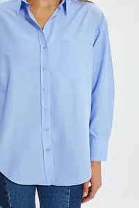Trendyol Blue Single Pocket Boyfriend Cotton Shirt