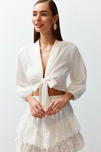 Trendyol White Crop Tie Flared Cotton Beach Blouse