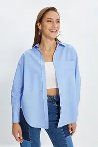 Trendyol Blue Single Pocket Boyfriend Cotton Shirt