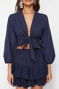 Trendyol Navy Blue Crop Tie Flared Cotton Beach Blouse
