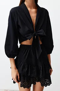Trendyol Black Crop Tie Flared Cotton Beach Blouse
