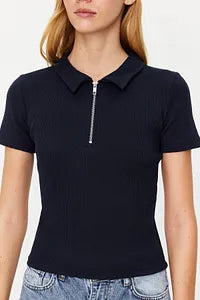 Trendyol Navy Zippered Stretchy Blouse