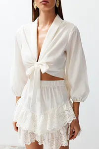 Trendyol White Crop Tie Flared Cotton Beach Blouse