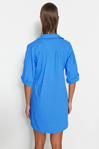 Trendyol Blue Flared Cotton Mini Beach Dress