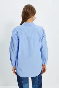 Trendyol Blue Single Pocket Boyfriend Cotton Shirt