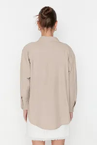 Trendyol Beige Single Pocket Boyfriend Cotton Shirt