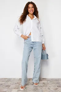 Trendyol Off white Cotton Shirt With Embroidery Shoulder Detail
