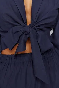 Trendyol Navy Blue Crop Tie Flared Cotton Beach Blouse