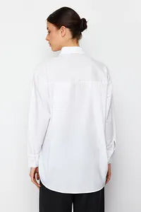 Trendyol White Single Pocket Boyfriend Cotton Shirt