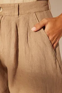 Trendyol Pleated High Waist Beige Linen Short