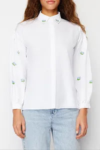 Trendyol Off white Cotton Shirt With Embroidery Shoulder Detail
