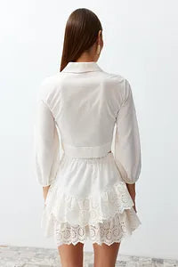 Trendyol White Crop Tie Flared Cotton Beach Blouse