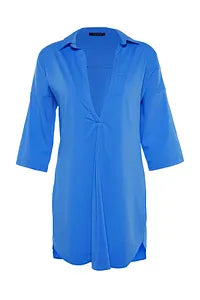 Trendyol Blue Flared Cotton Mini Beach Dress