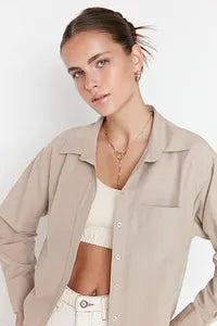 Trendyol Beige Single Pocket Boyfriend Cotton Shirt