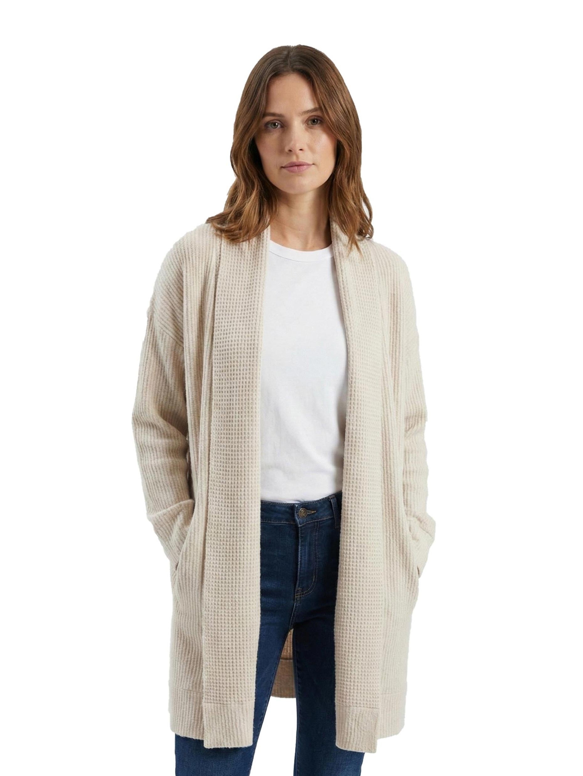 Open Beige Knitted Cardigan with Lapel Collar