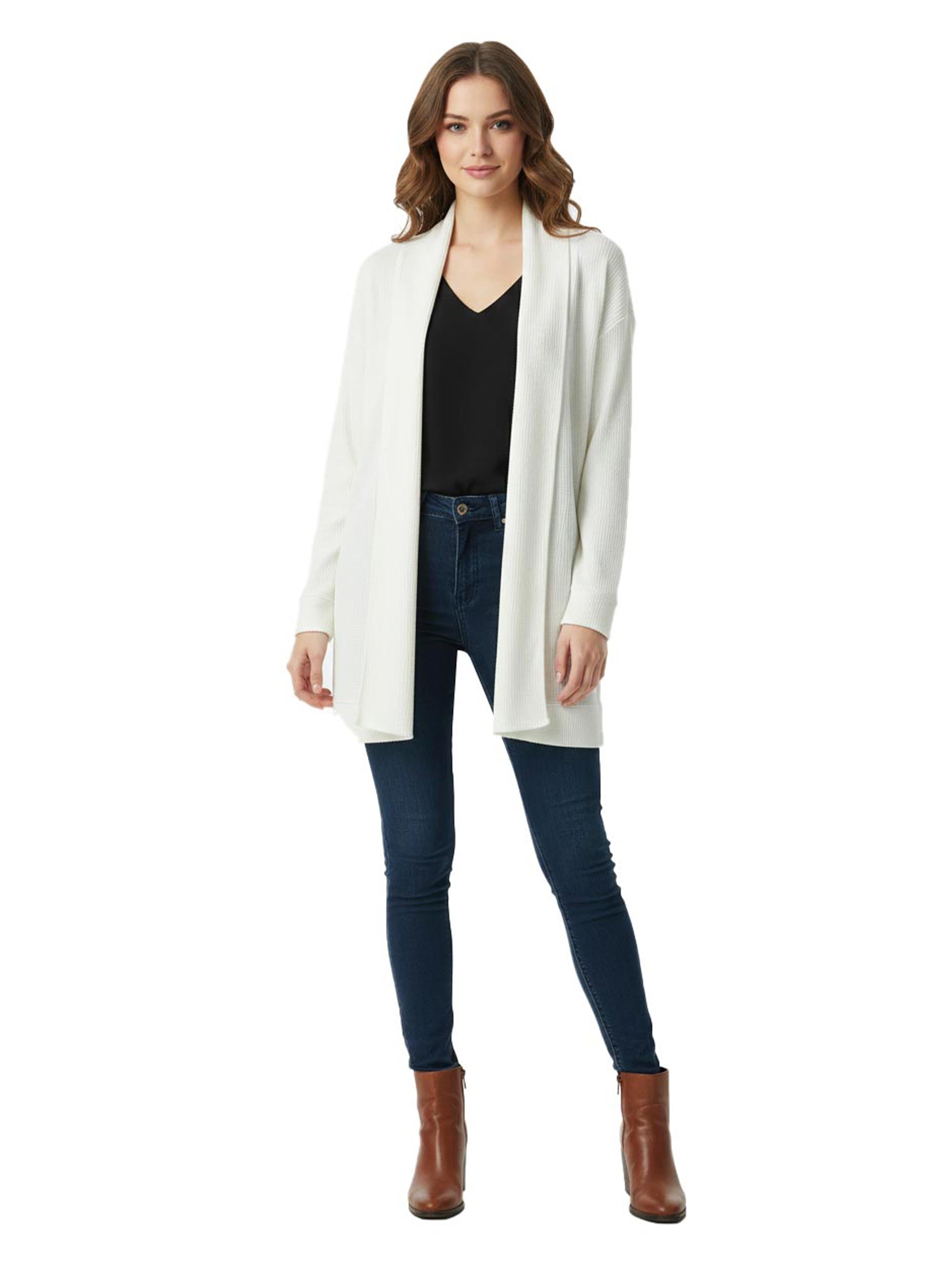 Open Offwhite Knitted Cardigan with Lapel Collar