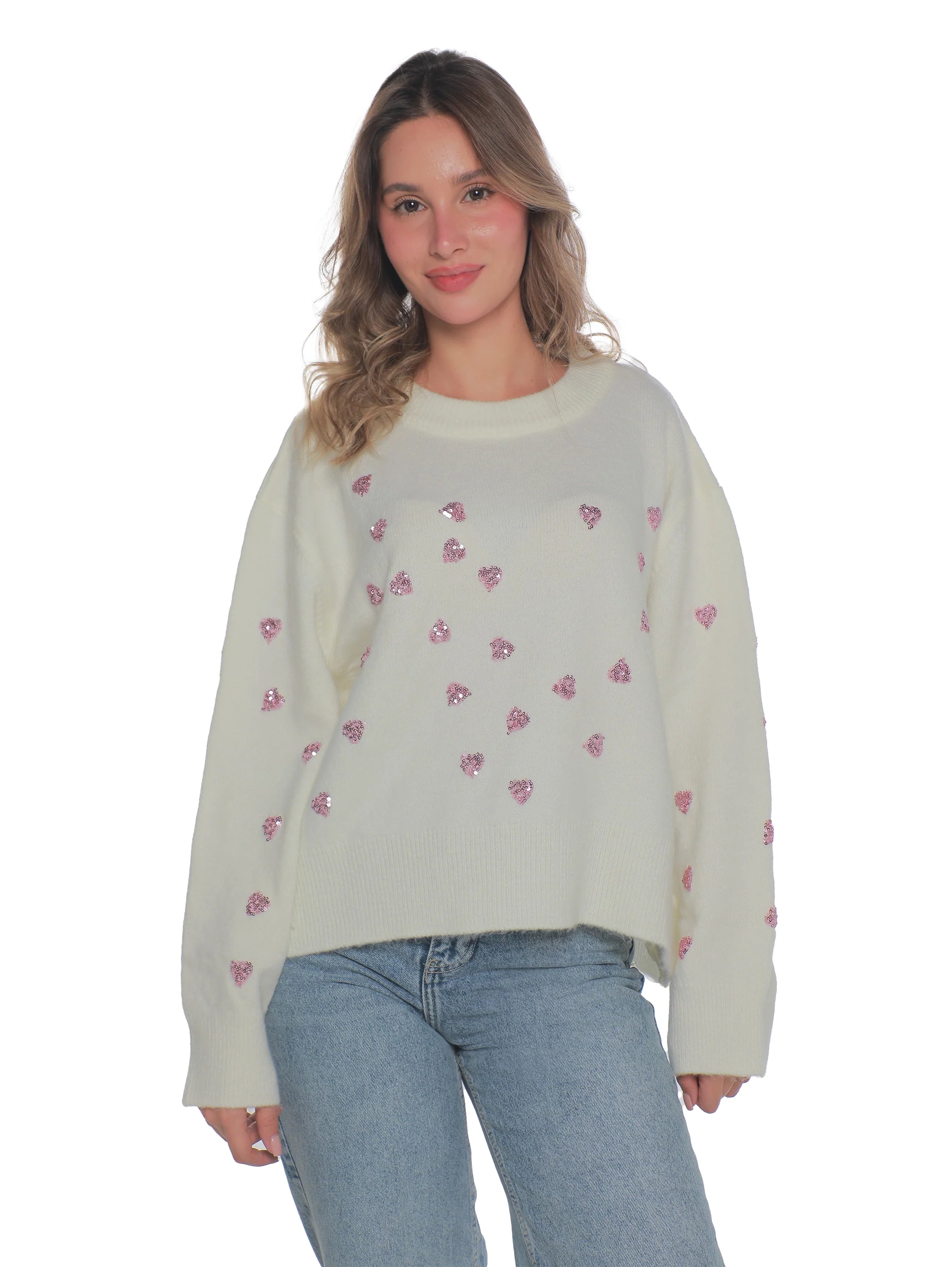 White Pullover With Heart Glitter Design